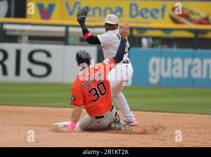 Houston Astros' Kyle Tucker is safe at second on a fielding error by  Atlanta Braves second baseman Ozzie Albies during the sixth inning in Game  2 of baseball's World Series between the