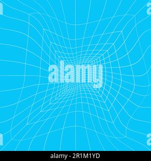 Distorted white square room wireframe in perspective on blue background. Hallway, studio, portal or box warped grid structure. Engineering Stock Vector