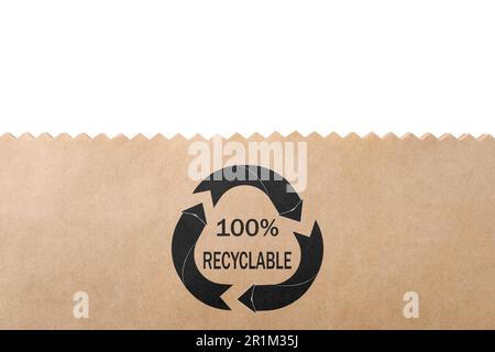 Paper bag with recycling symbol on white background. Eco friendly package Stock Photo