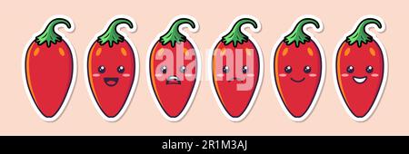 Vector Cartoon Cute and Funny Red Hot Chili Pepper Icon Set. Kawaii Style. Fresh Chili Hot Pepper with Different Emotions. Design Template for Stock Vector