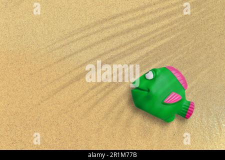 Top up view of green rubber fish on sand beach. vacation concept background. Stock Photo