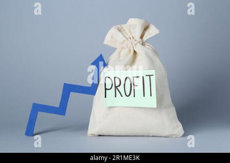 Economic profit. Money bag and arrow on light grey background Stock Photo