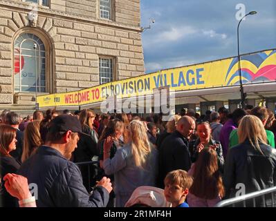 Queues to enter fanzone, Eurovision song contest, Pierhead, city centre Liverpool, Merseyside, England, UK, L3 1HN Stock Photo