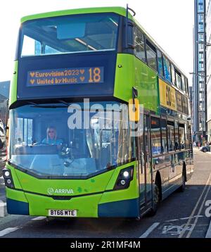 Cleaner, Electric Hybrid, Volvo Arriva bus 18, outside Liverpool One bus station, Paradise Street, Liverpool, Merseyside, England, UK, L1 3EU Stock Photo