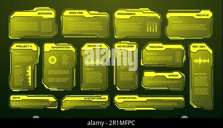 Yellow futuristic HUD, UI elements. Sci-fi user interface text boxes, callouts. Warning message frames, information boxes template. Modern game Stock Vector