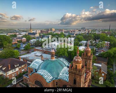 Wilmington, North Carolina, USA historic churches and downtown viewed from above. Stock Photo
