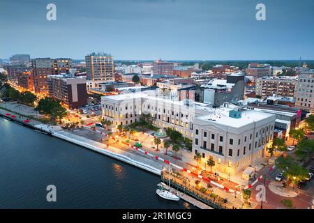 Wilmington, North Carolina, USA aerial cityscape at dusk. Stock Photo