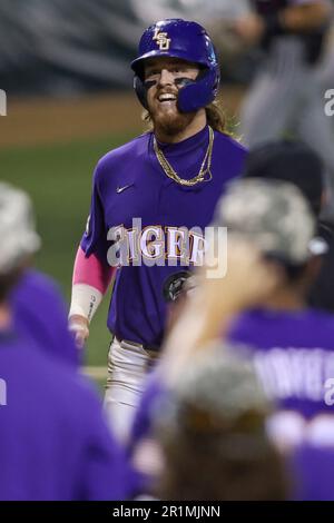 May 12, 2023: LSU's Tommy White (47) smiles as he jogs to home plate after hitting a walk off home run during NCAA Baseball action between the Mississippi St. Bulldogs and the LSU Tigers at Alex Box Stadium, Skip Bertman Field in Baton Rouge, LA. Jonathan Mailhes/CSM Stock Photo