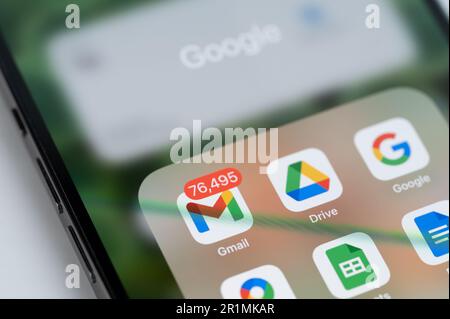New york, USA - May 14, 2023: Google app on iphone menu close up on smartphone screen Stock Photo