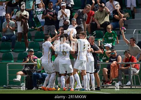 Elche, Spain. 14th May, 2023. Players of Elche celebrate the goal during the Spanish La Liga football match between Elche CF and Atletico de Madrid in Elche, Spain, May 14, 2023. Credit: Str/Xinhua/Alamy Live News Stock Photo