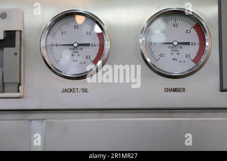Industrial control panel with pressure gauges. Selective focus. Stock Photo