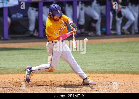 May 14, 2023: LSU's Tommy White (47) delivers a hit during NCAA Baseball action between the Mississippi St. Bulldogs and the LSU Tigers at Alex Box Stadium, Skip Bertman Field in Baton Rouge, LA. Jonathan Mailhes/CSM(Credit Image: © Jonathan Mailhes/Cal Sport Media) Stock Photo