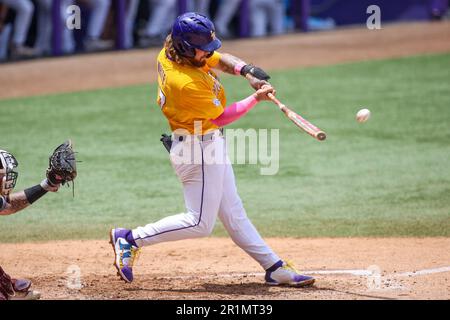 May 14, 2023: LSU's Tommy White (47) delivers a base hit during NCAA Baseball action between the Mississippi St. Bulldogs and the LSU Tigers at Alex Box Stadium, Skip Bertman Field in Baton Rouge, LA. Jonathan Mailhes/CSM Stock Photo