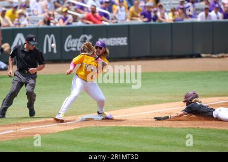 May 14, 2023: LSU's Tommy White (47) tries to tag out Mississippi St. runner David Mershon (3) as he attempts to steal during NCAA Baseball action between the Mississippi St. Bulldogs and the LSU Tigers at Alex Box Stadium, Skip Bertman Field in Baton Rouge, LA. Jonathan Mailhes/CSM Stock Photo