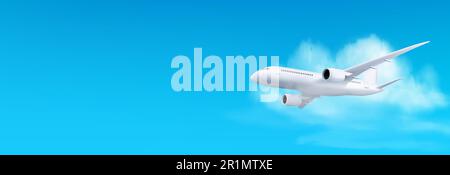 3d white airplane flying on blue sky landscape background with cloud, vector illustration, Realistic banner with blank passenger jet flight, bottom view, aviation concept or vacation trip ads mockup Stock Vector