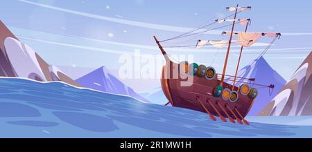 Cartoon viking ship floating in stormy Nordic sea surrounded by mountains. Vector illustration of old wooden boat sailing with oars and traditional scandinavian shields on board. Medieval warship Stock Vector