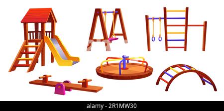 Cartoon playground equipment set isolated on white background. Vector illustration of wooden slide, swing, carousel and colorful ladder for childrens outdoor fun and recreation, active leisure Stock Vector