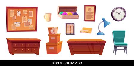Detective office interior with desk and archive inside. Police bureau station furniture set cartoon icon on white background. Vintage table workplace clipart with chair and board to pin notes. Stock Vector