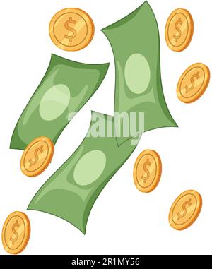 Banknotes and coins in cartoon style illustration Stock Vector