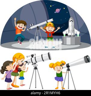 Playful Children Using Telescopes Vector Collection illustration Stock Vector