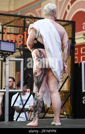 London, UK. 14th May, 2023. Tattoo competition: The Judging, The London Great British Tattoo Show 2023. Great crowda, great atmosphere and great tattoo artists come from everywhere and delicious food and drinks at Alexandra Palace, London, UK, Credit: See Li/Picture Capital/Alamy Live News Stock Photo