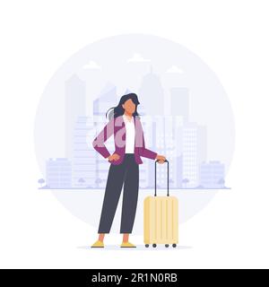 Woman standing with a suitcase on the city background. Business people having a business trip. Female character in business travel with a luggage. Fla Stock Vector