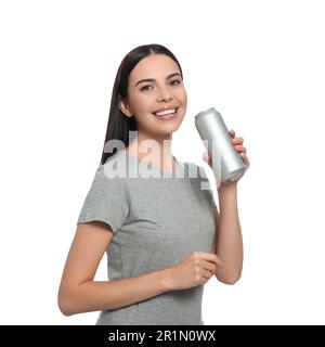 Beautiful happy woman holding beverage can on white background Stock Photo