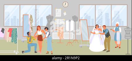 Tailor and customer at fashion atelier studio workshop vector illustration Stock Vector
