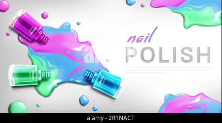 Nail polish 3d bottles realistic vector banner, fallen glass tubes of blue, green and pink color palette spill out and mix on white background. Cosmetics make up product advertising promo, mockup Stock Vector
