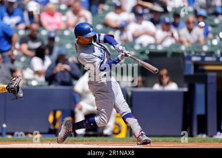 MILWAUKEE, WI - MAY 10: Milwaukee Brewers right fielder Tyrone Taylor (15)  bats during an MLB game against the Los Angeles Dodgers on May 10, 2023 at  American Family Field in Milwaukee