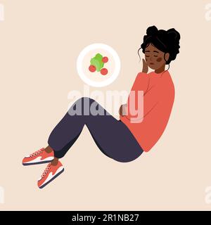 Eating disorder. Depressed african woman is lying on floor and feeling nausea from food. Bulimia or anorexia concept. Girl with mental problems Stock Vector