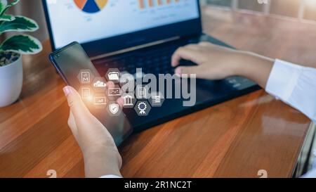 Human hand working on computer. business concept and communication technology Stock Photo