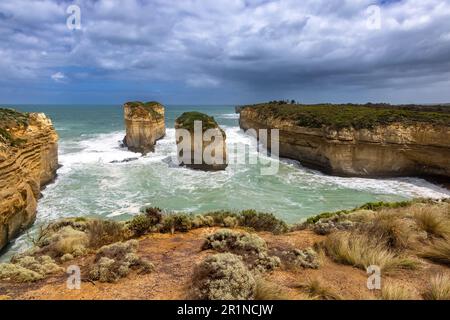 The Tom and Eva lookout point at Loch Ard Gorge, so named for the only two survivors of a shipwreck here in 1878. Great Ocean Road, Australia. Stock Photo