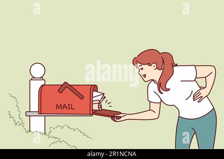 Woman checks street mailbox filled with envelopes and parcels, hoping to receive long-awaited letter. Girl looks into mailbox with smile and rejoices at abundance of letters from friends Stock Vector