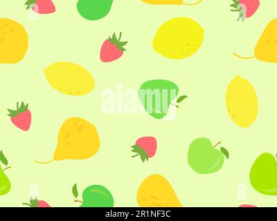 Fruity seamless pattern with apples, lemons, strawberries and pears. Tropical summer fruit pattern. Design for printing on fabric, paper and banners. Stock Vector