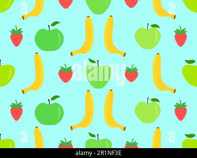 Seamless pattern with bananas, apples and strawberries on blue background. Tropical summer fruit pattern. Design for printing on fabric, paper and ban Stock Vector