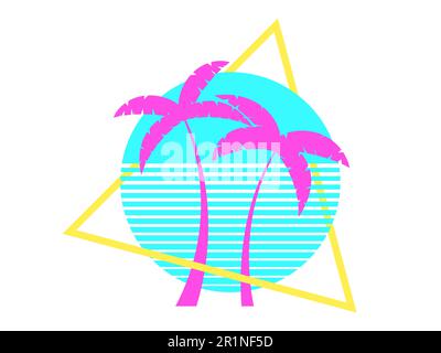 Palm trees at sunset in the style of the 80s in a triangular frame isolated on a white background. Pink palm trees and blue sun in synthwave style. De Stock Vector