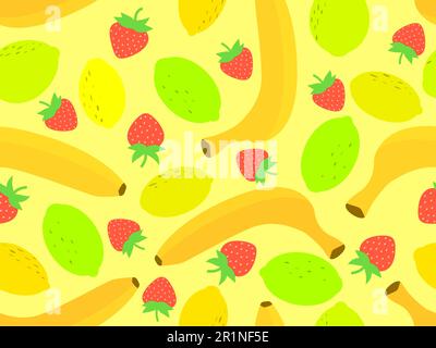 Seamless pattern with bananas, strawberries and lemons. Tropical summer fruit pattern. Design for printing on fabric, paper and banners. Vector illust Stock Vector
