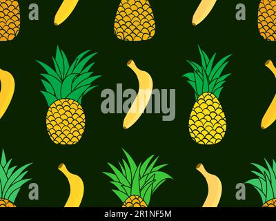 Seamless pattern with pineapples and bananas. Tropical summer background with bananas and pineapples on a dark background. Design for print, banners a Stock Vector
