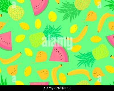 Fruity seamless pattern with pineapple, lemon, watermelon and pear on a green background. Tropical summer fruit pattern. Design for printing on paper, Stock Vector