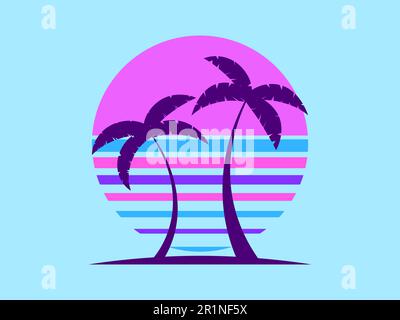 Two palm trees against the backdrop of the 80s retro sun isolated on a blue background. Design for printing advertising brochures, banners and posters Stock Vector