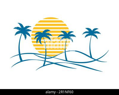 Line art landscape with palm trees and sun 80s style on white background. Summer tropical landscape in a minimalist style. Design for printing t-shirt Stock Vector