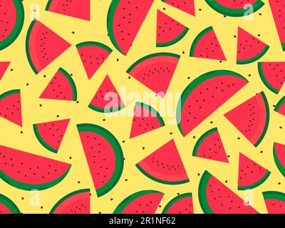 Seamless pattern with watermelon slices on a yellow background. Watermelon with seeds. Tropical summer background. Design for wallpaper, print on pape Stock Vector