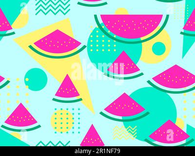 Seamless pattern with slices of watermelon and geometric shapes on 80s style. Memphis style element, triangles, dots and zigzags. Design for banner an Stock Vector