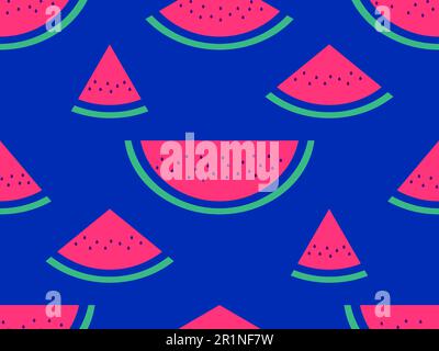 Seamless pattern with watermelon slices on a blue background. Watermelon with seeds. Tropical summer background. Design for wallpaper, print on paper, Stock Vector
