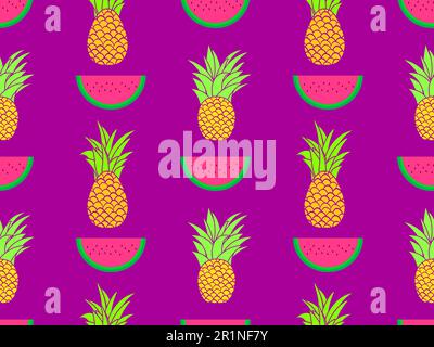 Seamless pattern with watermelon slices and pineapples. Watermelon with seeds and pineapples with green foliage. Tropical summer fruit pattern. Design Stock Vector