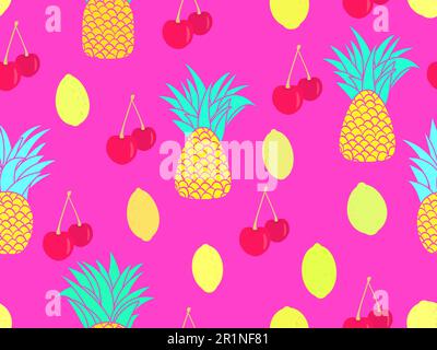 Fruity seamless pattern with pineapple, cherry and lemon. Tropical summer fruit pattern. Design for printing on paper, wallpapers and banners. Vector Stock Vector