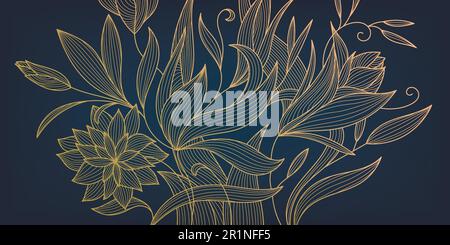 Vector art deco luxury flower line pattern, golden line background. Hand drawn wavy plants for packaging, social media post, cover, banner and wall Stock Vector