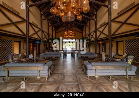 Reception at PAL Savana RESERVE, a safari-like hotel at Le Pal theme park in France. Stock Photo