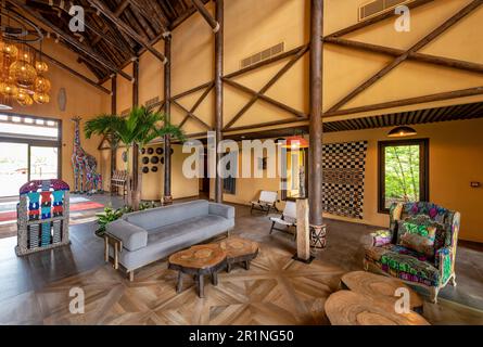 Reception at PAL Savana RESERVE, a safari-like hotel at Le Pal theme park in France. Stock Photo